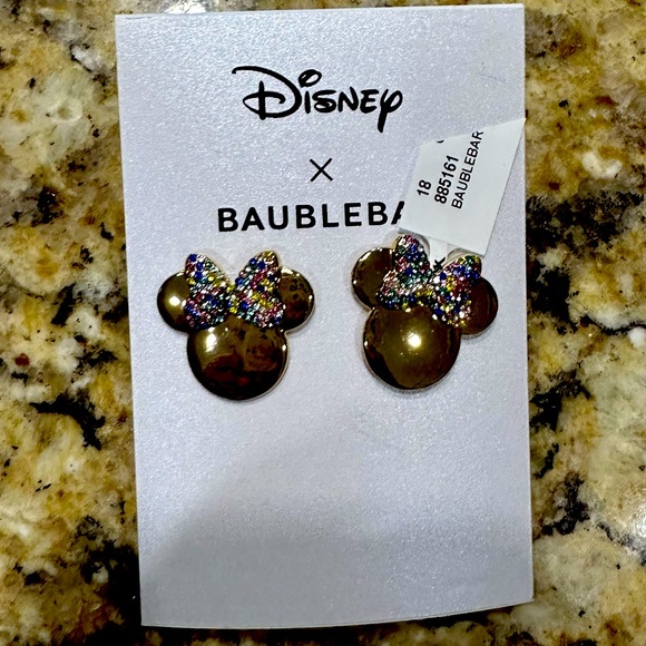 Disney | X BAUBLEBAR Gold Toned Rainbow Rhinestone Bow Minnie Mouse Earrings nwt - Picture 1 of 3
